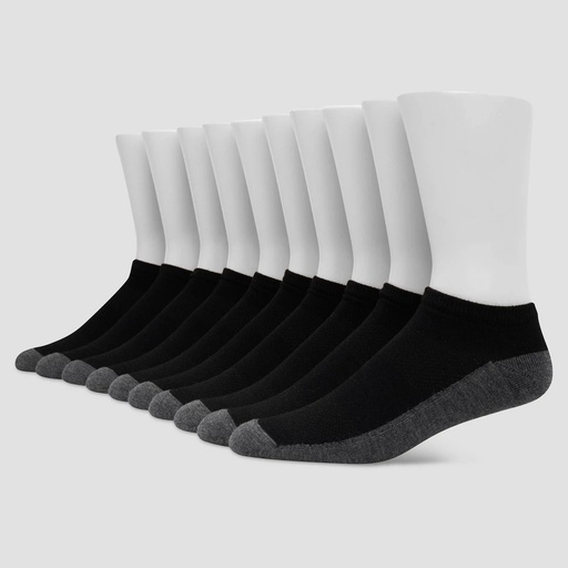 STR | Men's Hanes Premium Low Cut Socks 10pk - Black: Moisture Wicking, Breathable, Midweight, Size 6-12