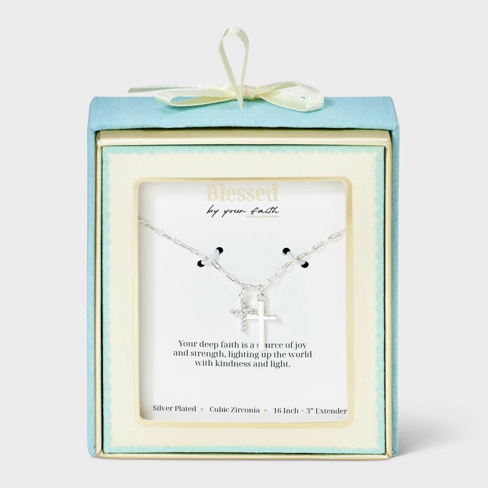 STR | Silver Plated Cubic Zirconia Cross Necklace - Silver