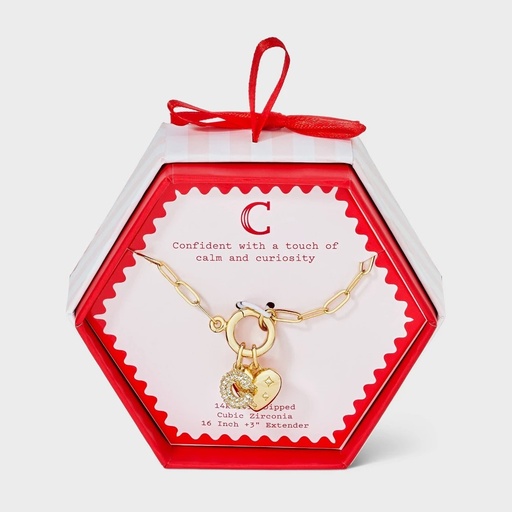 STR | 14K Gold Dipped Cubic Zirconia Valentines Puffy Heart Charm C Initial Necklace - A New Day™ Gold