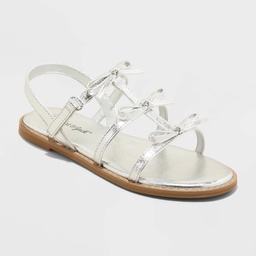 STR | Kids' Aria Bow Sandals - Cat & Jack™ Silver 1: Adjustable Hook and Loop Strap, Open Round Toe, Flexible TPR Outsole
