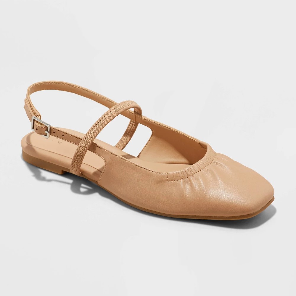 STR | Women's Vada Slingback Scrunch Toe Flats - A New Day™ Tan 7.5: Faux Leather, Memory Foam Insole, Textured Outsole