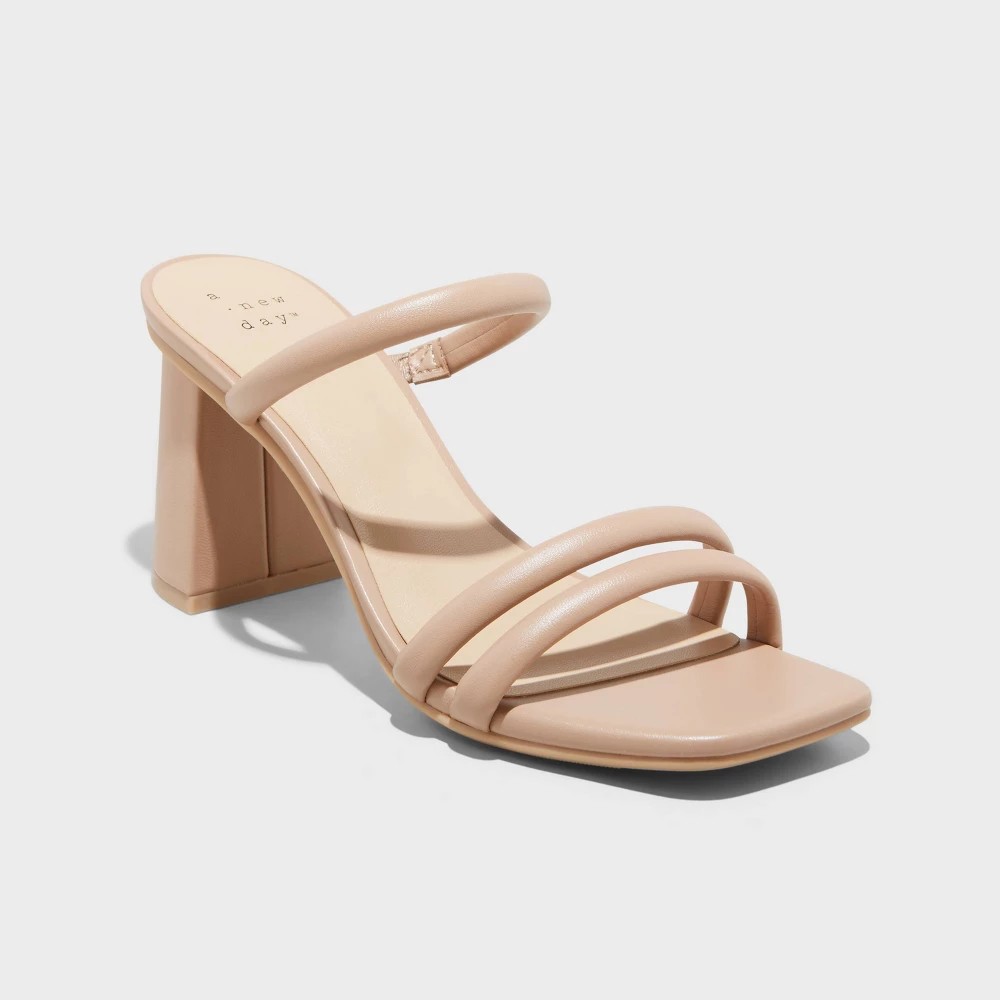 STR | Women's Stacy Mule Heels - A New Day™ Light Brown 9.5: Slip-On Block Heel, Open Toe, Faux Leather, Cushioned Insole