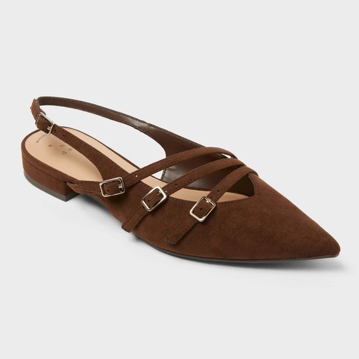 STR | Women's Twiggy Multi Buckle Mini Heel Flats with Memory Foam Insole - A New Day™ Brown 10: Pointed Toe, Faux Suede, Block Heel