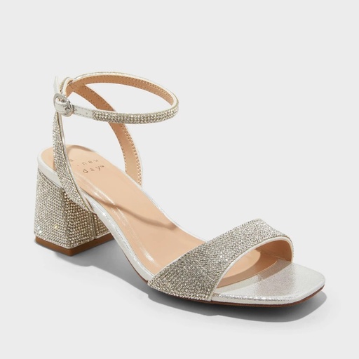 STR | Women's Shannon Heels with Memory Foam Insole - A New Day™ Silver 6.5: Ankle Strap Sandals, Block Heel