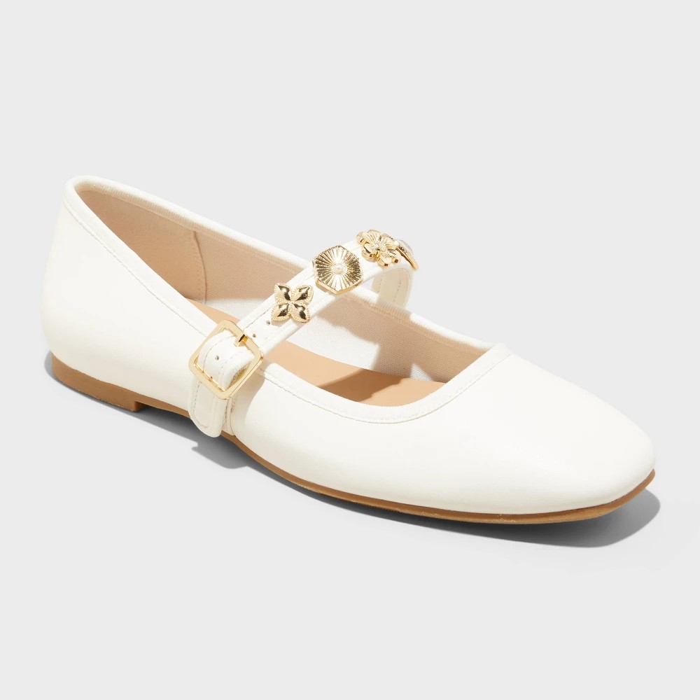 STR | Women's Rebecca Embellished Strap Mary Jane Flats with Memory Foam Insole - A New Day™ Ivory 11: Buckle Closure, Textured Outsole
