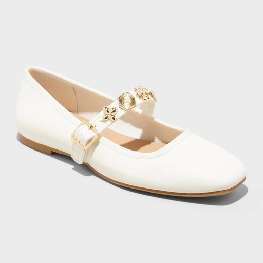 STR | Women's Rebecca Embellished Strap Mary Jane Flats with Memory Foam Insole - A New Day™ Ivory 11: Buckle Closure, Textured Outsole