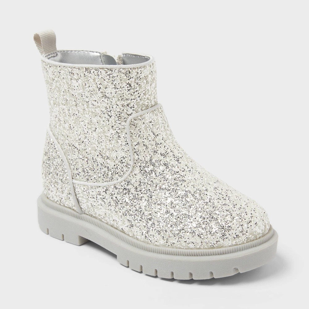 STR | Toddler Flora Chelsea Boots - Cat & Jack™ Silver 7T: Zipper Closure, Flexible Outsole, Round Closed Toe, Medium Width