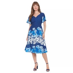 STR | Women's London Times Flutter Sleeve Sweetheart Neck Fit & Flare Dress, Size: 8, Blue Floral