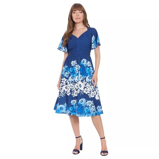 STR | Women's London Times Flutter Sleeve Sweetheart Neck Fit & Flare Dress, Size: 8, Blue Floral